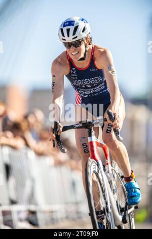 Gwen Jorgensen participating in Pontevedra in the 2023 World Triathlon Championship Series. Stock Photo