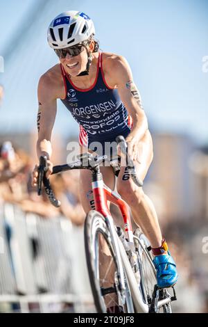 Gwen Jorgensen participating in Pontevedra in the 2023 World Triathlon Championship Series. Stock Photo