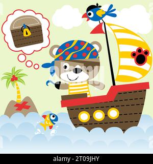 Cute bear with parrot in pirate costume on sailboat, pirate sailing element, vector cartoon illustration Stock Vector