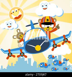 Vector cartoon of funny bear and mice on airplane, group of birds flying on buildings background, smiling skies object Stock Vector