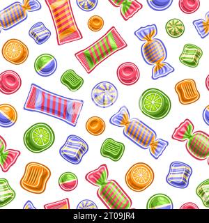 Vector Candy Seamless Pattern, square repeat background with cut out illustrations of colorful various chewy candies and bubble gums in striped cellop Stock Vector
