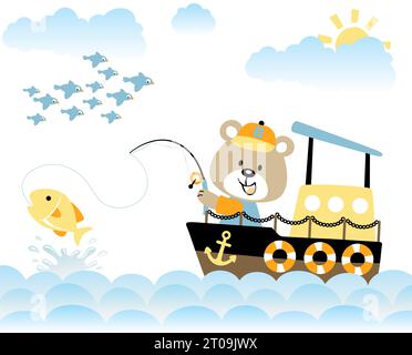 Cute bear on boat fishing in the sea, group of birds flying on clouds background, vector cartoon illustration Stock Vector