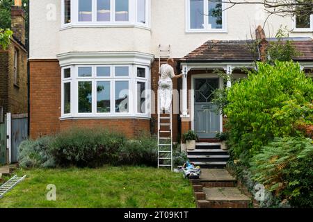 Man on ladder painting the front of a semi-detached house. Stock Photo