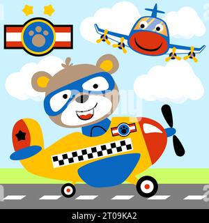 Cute bear on airplane, smiling plane flying, airport runway, vector cartoon illustration Stock Vector