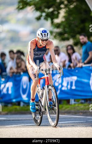 Gwen Jorgensen participating in Pontevedra in the 2023 World Triathlon Championship Series. Stock Photo