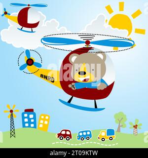 Cute bear on helicopter flying across small town, vector cartoon illustration Stock Vector