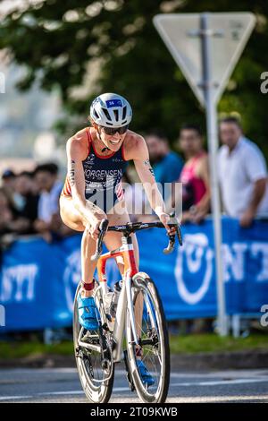 Gwen Jorgensen participating in Pontevedra in the 2023 World Triathlon Championship Series. Stock Photo