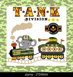 Cute elephant driving military steam train pulling tank vehicle on camouflage frame border, vector cartoon illustration Stock Vector