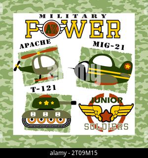 Set of armored vehicle with military element on camouflage frame border, vector cartoon illustration Stock Vector