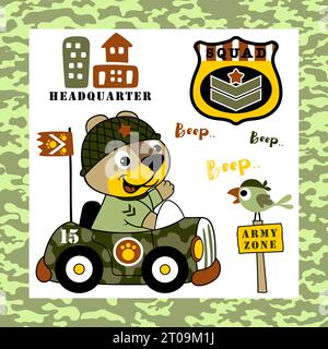 Cute cat driving military vehicle with little bird on camouflage frame border, vector cartoon illustration Stock Vector
