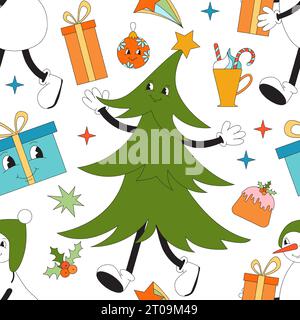 Merry Christmas groovy seamless pattern. Collection of hippie holiday winter elements in trendy old animation style. Groovy Christmas pattern. Stock Vector