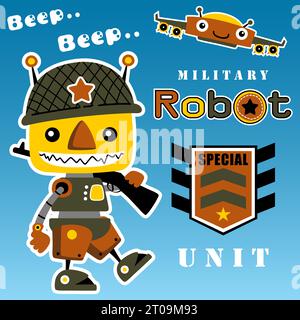 Funny military robot troops with military elements, vector cartoon illustrations Stock Vector