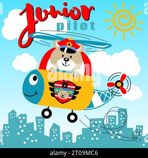 Funny bear on helicopter flying across buildings, vector cartoon illustration Stock Vector