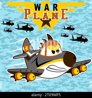 Fighter jet with helicopter silhouette on camouflage background, vector cartoon illustration Stock Vector