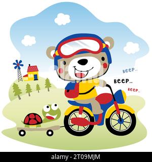 Cute bear riding motorcycle pulling turtle with skateboard on rural scenery background, vector cartoon illustration Stock Vector