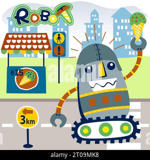 Funny robot buy a ice cream in city, vector cartoon illustration Stock Vector