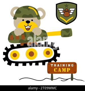 Cute bear wearing soldier helmet on armored vehicle with military elements, vector cartoon illustration Stock Vector