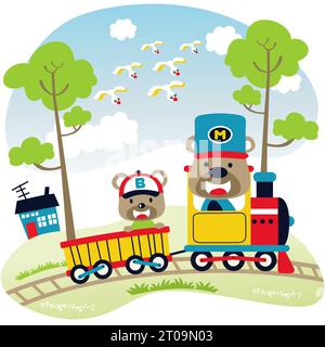 Funny bears on steam train with flock of birds flying on blue sky clouds background, rural scene, vector cartoon illustration Stock Vector