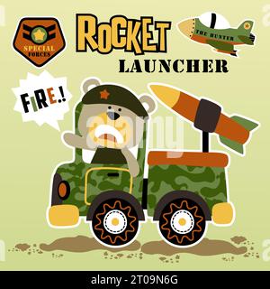 Funny bear on military truck with fighter jet, vector cartoon illustration Stock Vector