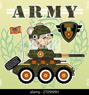 Cute bear in soldier costume driving armored vehicle, vector cartoon illustration Stock Vector