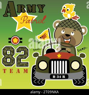 Little bear with bird on military car, military elements, vector cartoon illustration Stock Vector