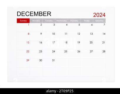 December 2024 monthly calendar page isolated on white background, Saved clipping path. Stock Photo