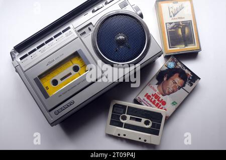 sanyo, cassette, 70s, music device, 70s music player, tape, cassette, Sanyo radio cassette, Julio Iglesias tape, Julio Iglesias music, John Miles, Reb Stock Photo