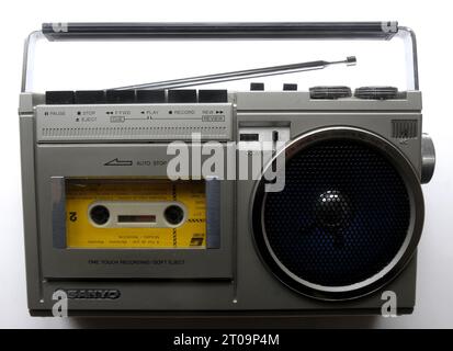 sanyo; cassette; 70s; music device; 70s music player; tape; cassette; Sanyo radio cassette; vintage radio cassette Stock Photo