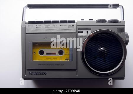 sanyo; cassette; 70s; music device; 70s music player; tape; cassette; Sanyo radio cassette; vintage radio cassette, Julio Iglesias tape, Julio Iglesia Stock Photo