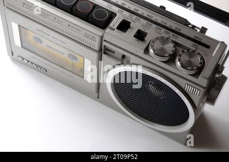 sanyo; cassette; 70s; music device; 70s music player; tape; cassette; Sanyo radio cassette; vintage radio cassette Stock Photo