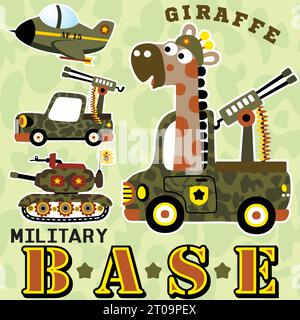 Funny giraffe on military truck, military vehicles on camouflage background, vector cartoon illustration Stock Vector