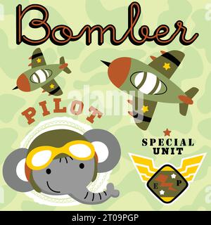 Cute elephant wearing flying goggles with fighter jet, military elements on camouflage background, vector cartoon illustration Stock Vector