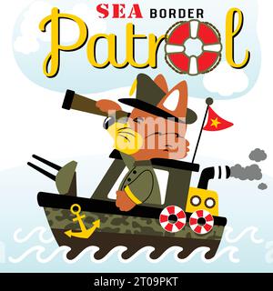 Funny fox with binocular on warship, vector cartoon illustration Stock Vector