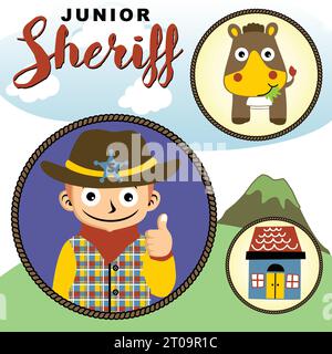 Funny young boy in sheriff costume with cute horse and home, vector cartoon illustration Stock Vector