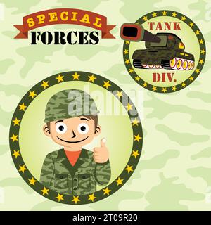 Young soldier with armored vehicle on camouflage background, vector cartoon illustration Stock Vector