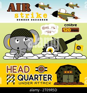 Cute elephant with military equipment, military elements illustration, vector cartoon illustration Stock Vector