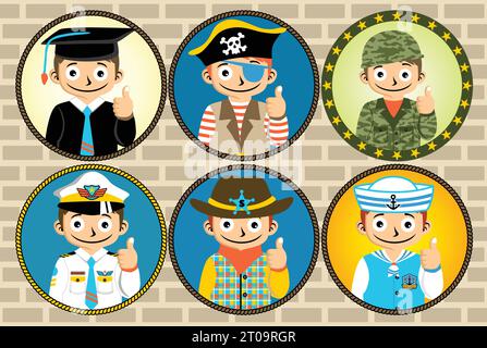 set of young boy in different costume on bricks background, vector graphics Stock Vector