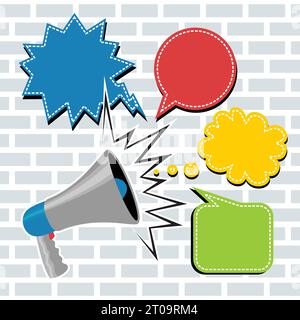 megaphone with call out shapes on a bricks background, vector graphics illustration Stock Vector