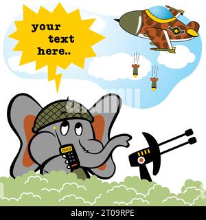 Cute elephant soldier in battlefield with fighter jet, vector cartoon illustration Stock Vector