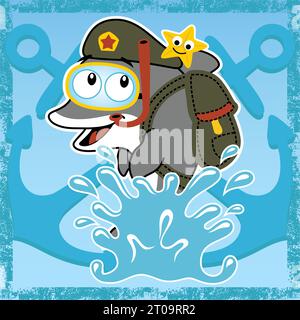 Cute dolphin in military costume with starfish on anchor backgrounds, vector cartoon illustration Stock Vector
