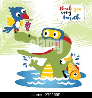 funny crocodile wearing diving goggles catching fish, little bird carrying grape, vector cartoon illustration Stock Vector