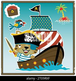 Little cat with parrot in pirate costume on sailboat, pirate elements, vector cartoon illustration Stock Vector