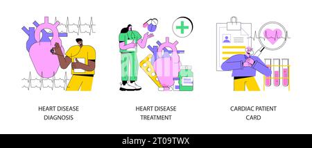 Cardiovascular illness abstract concept vector illustration set. Heart disease diagnosis and treatment, cardiac patient card, heartbeat rate and chest pain, stress test, hospital abstract metaphor. Stock Vector