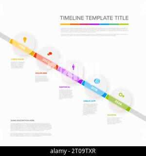 Vector light color diagonal time line with icons in five semi transparent matt glass circles template  with icons, descriptions and rainbow colorful a Stock Vector