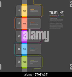 Vector dark color time line with icons in five semi transparent matt glass rectangle blocks template  with icons, descriptions and rainbow colorful ar Stock Vector