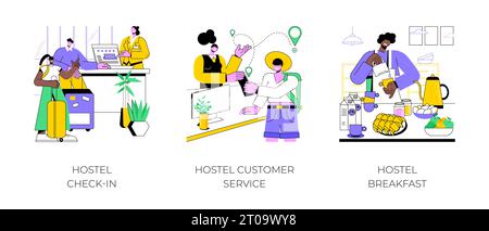 Hostel business isolated cartoon vector illustrations set. Check-in process, dormitory room, customer service, receptionist giving instructions to customer, worker serving breakfast vector cartoon. Stock Vector