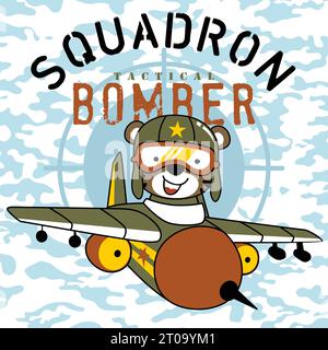 funny cat pilot cartoon vector on military airplane Stock Vector