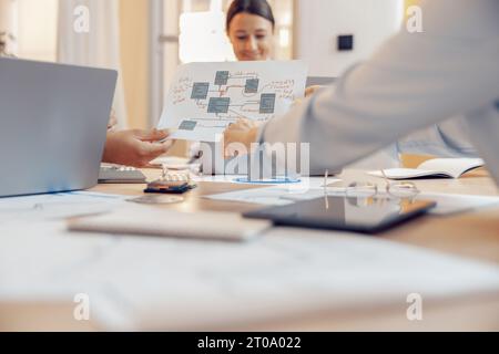 Close up of business team working with documents during meeting in office Stock Photo