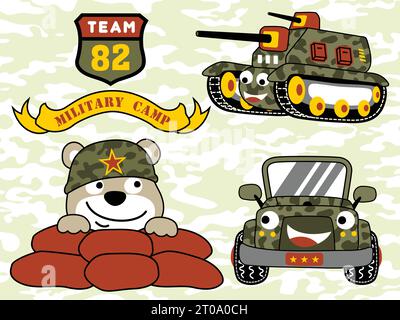 Vector illustration of cartoon funny bear soldier with armored vehicles, military elements Stock Vector
