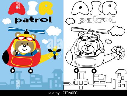 vector cartoon of helicopter with funny bear pilot, coloring book or page Stock Vector